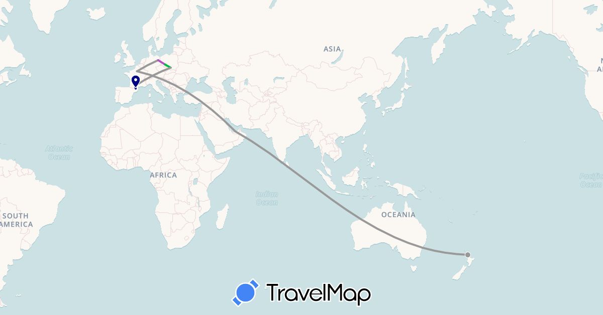 TravelMap itinerary: driving, bus, plane, train in Andorra, United Arab Emirates, Australia, Germany, France, New Zealand, Poland (Asia, Europe, Oceania)